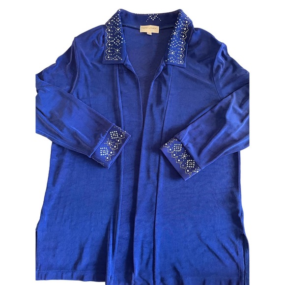 DRAPER'S & DAMON'S Size PL Blue Open Jacket Slinky Knit Travel Embellished - Picture 3 of 9
